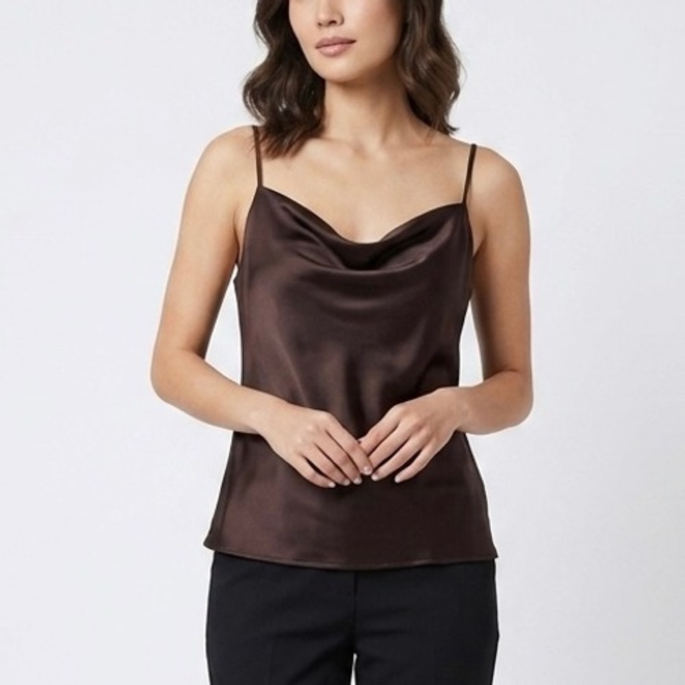 Reformation Espresso Brown Satin Cowl Neck Camisole Top Size 2 Side Zip